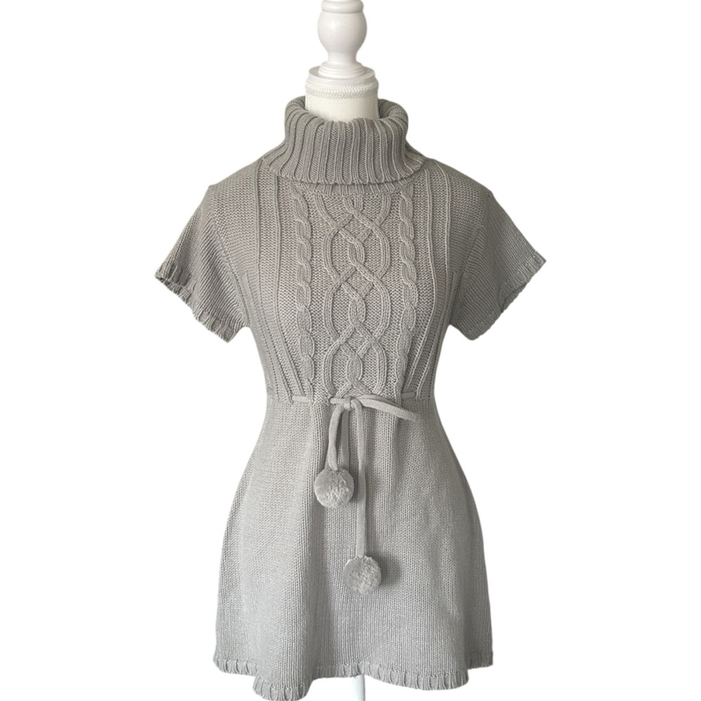 “Off Limits” Grey Cable Knit Turtleneck Mini Dress with Pom Poms